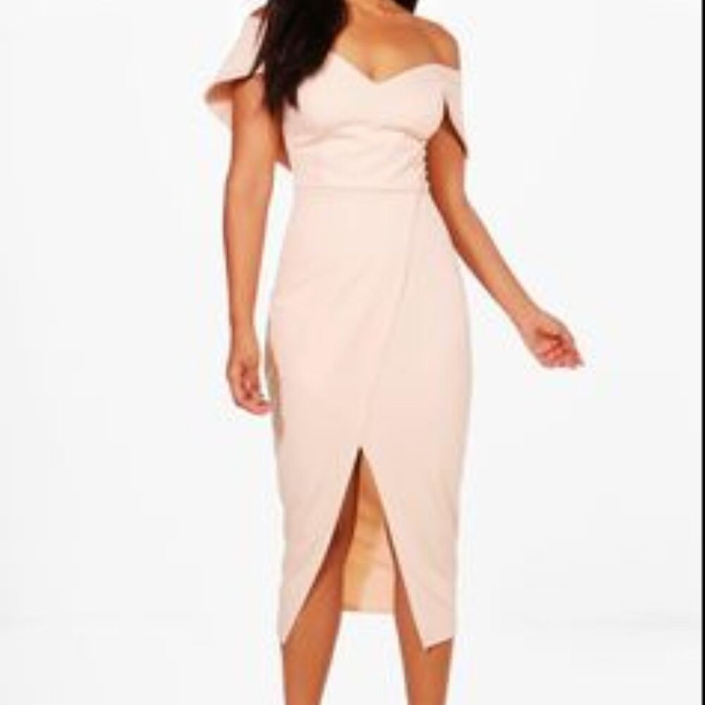 Boohoo May off shoulder wrap skirt midi dress (Size 10/Fit Small)